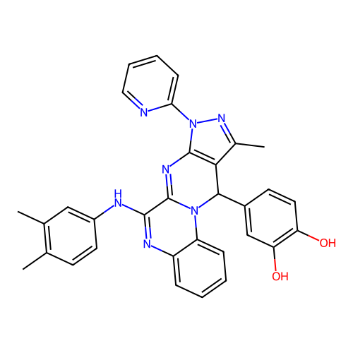 4-(6-((3,4-dimethylphenyl)amino)-10-methyl-8-(pyridin-2-yl)-8,11-dihydropyrazolo[3',4':4,5]pyrimido[1,2-a]quinoxalin-11-yl)benzene-1,2-diol structure