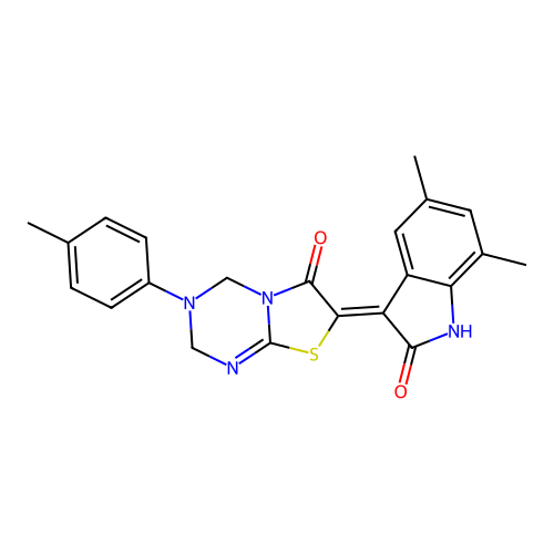 (7Z)-7-(5,7-dimethyl-2-oxo-1,2-dihydro-3H-indol-3-ylidene)-3-(4-methylphenyl)-3,4-dihydro-2H-[1,3]thiazolo[3,2-a][1,3,5]triazin-6(7H)-one structure