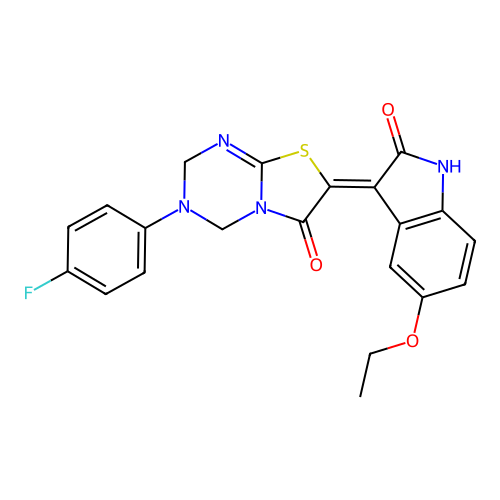 (7Z)-7-(5-ethoxy-2-oxo-1,2-dihydro-3H-indol-3-ylidene)-3-(4-fluorophenyl)-3,4-dihydro-2H-[1,3]thiazolo[3,2-a][1,3,5]triazin-6(7H)-one structure