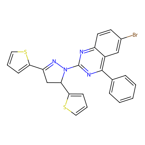 6-bromo-2-(3,5-di(thiophen-2-yl)-4,5-dihydro-1H-pyrazol-1-yl)-4-phenylquinazoline structure