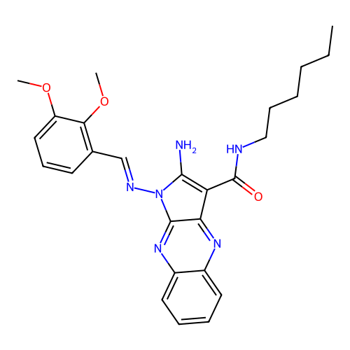 (E)-2-amino-1-((2,3-dimethoxybenzylidene)amino)-N-hexyl-1H-pyrrolo[2,3-b]quinoxaline-3-carboxamide structure