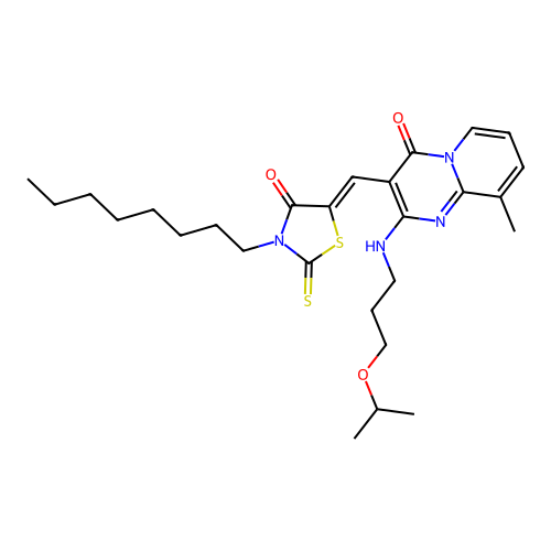 9-methyl-3-[(Z)-(3-octyl-4-oxo-2-thioxo-1,3-thiazolidin-5-ylidene)methyl]-2-{[3-(propan-2-yloxy)propyl]amino}-4H-pyrido[1,2-a]pyrimidin-4-one structure