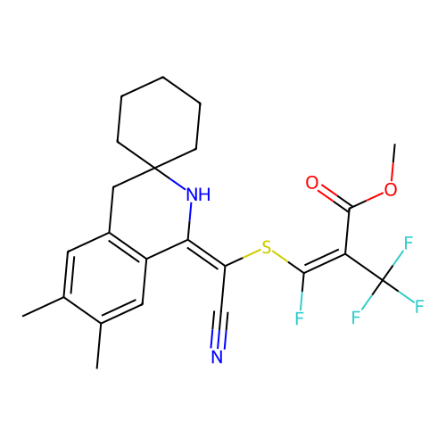 (E)-methyl 3-(((Z)-cyano(6',7'-dimethyl-2',4'-dihydro-1'H-spiro[cyclohexane-1,3'-isoquinolin]-1'-ylidene)methyl)thio)-3-fluoro-2-(trifluoromethyl)acrylate structure