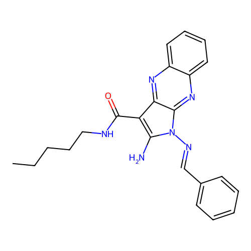 (E)-2-amino-1-(benzylideneamino)-N-pentyl-1H-pyrrolo[2,3-b]quinoxaline-3-carboxamide structure