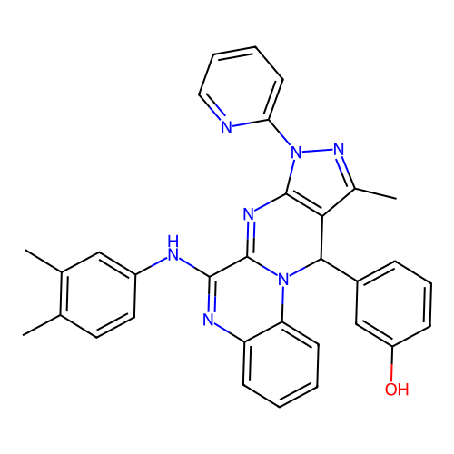 3-(6-((3,4-dimethylphenyl)amino)-10-methyl-8-(pyridin-2-yl)-8,11-dihydropyrazolo[3',4':4,5]pyrimido[1,2-a]quinoxalin-11-yl)phenol structure