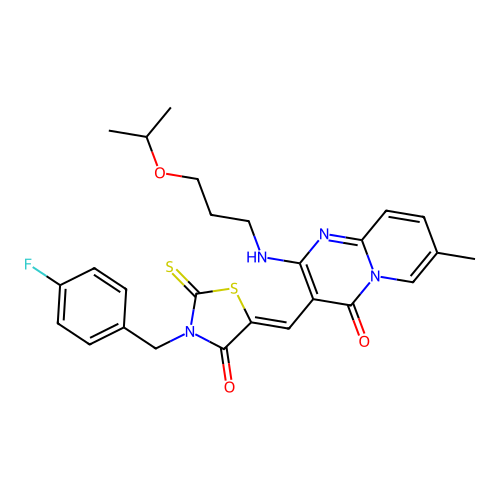 3-{(Z)-[3-(4-fluorobenzyl)-4-oxo-2-thioxo-1,3-thiazolidin-5-ylidene]methyl}-7-methyl-2-{[3-(propan-2-yloxy)propyl]amino}-4H-pyrido[1,2-a]pyrimidin-4-one structure