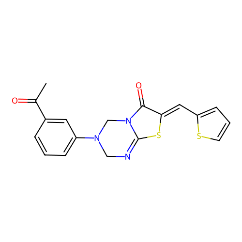 (7Z)-3-(3-acetylphenyl)-7-(thiophen-2-ylmethylidene)-2,4-dihydro-[1,3]thiazolo[3,2-a][1,3,5]triazin-6-one structure