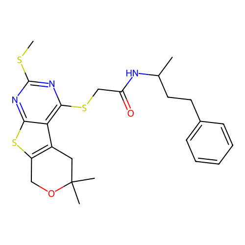 2-{[6,6-dimethyl-2-(methylsulfanyl)-5,8-dihydro-6H-pyrano[4',3':4,5]thieno[2,3-d]pyrimidin-4-yl]sulfanyl}-N-(4-phenylbutan-2-yl)acetamide structure