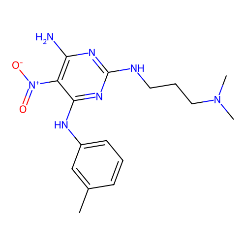 [3-({4-amino-6-[(3-methylphenyl)amino]-5-nitropyrimidin-2-yl}amino)propyl]dime thylamine structure
