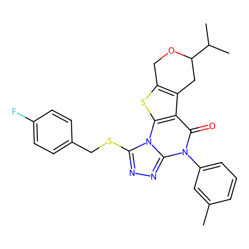 1-((4-fluorobenzyl)thio)-7-isopropyl-4-(m-tolyl)-6,7-dihydro-4H-pyrano[4',3':4,5]thieno[3,2-e][1,2,4]triazolo[4,3-a]pyrimidin-5(9H)-one structure