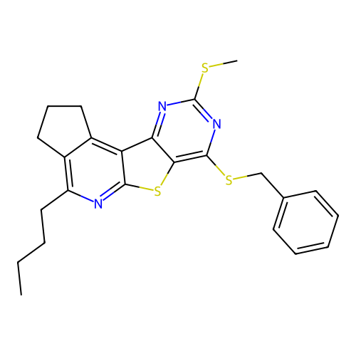 7-(benzylsulfanyl)-4-butyl-9-(methylsulfanyl)-2,3-dihydro-1H-cyclopenta[4',5']pyrido[3',2':4,5]thieno[3,2-d]pyrimidine structure