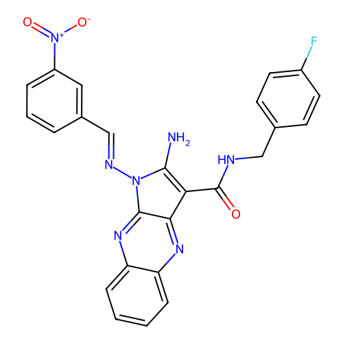 (E)-2-amino-N-(4-fluorobenzyl)-1-((3-nitrobenzylidene)amino)-1H-pyrrolo[2,3-b]quinoxaline-3-carboxamide structure