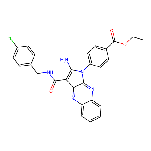 ethyl 4-(2-amino-3-((4-chlorobenzyl)carbamoyl)-1H-pyrrolo[2,3-b]quinoxalin-1-yl)benzoate structure
