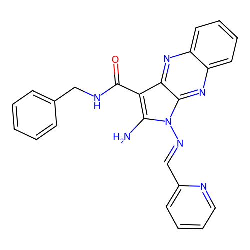 (E)-2-amino-N-benzyl-1-((pyridin-2-ylmethylene)amino)-1H-pyrrolo[2,3-b]quinoxaline-3-carboxamide structure