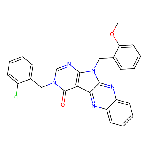 3-(2-chlorobenzyl)-11-(2-methoxybenzyl)-3H-pyrimido[5',4':4,5]pyrrolo[2,3-b]quinoxalin-4(11H)-one structure