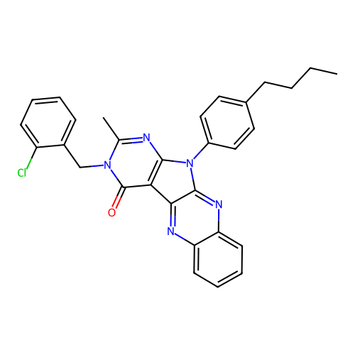 11-(4-butylphenyl)-3-(2-chlorobenzyl)-2-methyl-3H-pyrimido[5',4':4,5]pyrrolo[2,3-b]quinoxalin-4(11H)-one structure