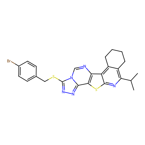 3-((4-bromobenzyl)thio)-11-isopropyl-7,8,9,10-tetrahydro-[1,2,4]triazolo[4'',3'':1',6']pyrimido[4',5':4,5]thieno[2,3-c]isoquinoline structure