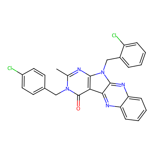 11-(2-chlorobenzyl)-3-(4-chlorobenzyl)-2-methyl-3H-pyrimido[5',4':4,5]pyrrolo[2,3-b]quinoxalin-4(11H)-one structure