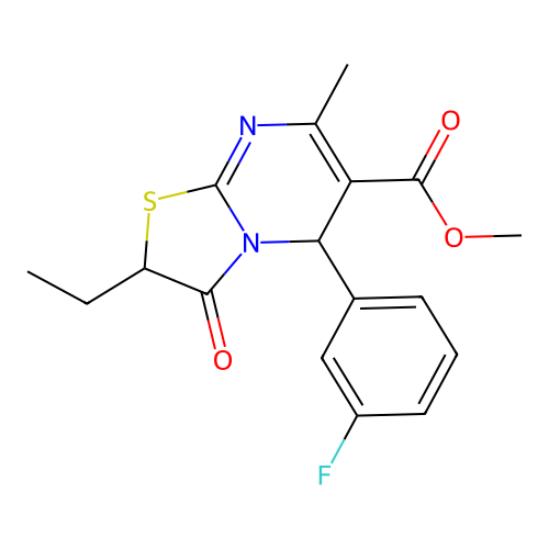 methyl 2-ethyl-5-(3-fluorophenyl)-7-methyl-3-oxo-2,3-dihydro-5H-[1,3]thiazolo[3,2-a]pyrimidine-6-carboxylate structure