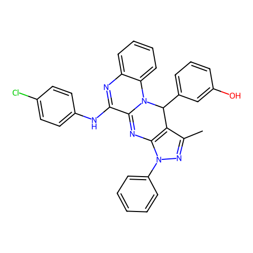 3-(6-((4-chlorophenyl)amino)-10-methyl-8-phenyl-8,11-dihydropyrazolo[3',4':4,5]pyrimido[1,2-a]quinoxalin-11-yl)phenol structure
