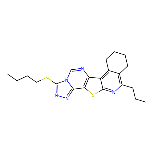 3-(butylsulfanyl)-11-propyl-7,8,9,10-tetrahydro[1,2,4]triazolo[4'',3'':1',6']pyrimido[4',5':4,5]thieno[2,3-c]isoquinoline structure