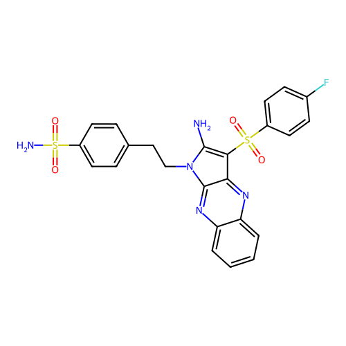 4-(2-(2-amino-3-((4-fluorophenyl)sulfonyl)-1H-pyrrolo[2,3-b]quinoxalin-1-yl)ethyl)benzenesulfonamide structure
