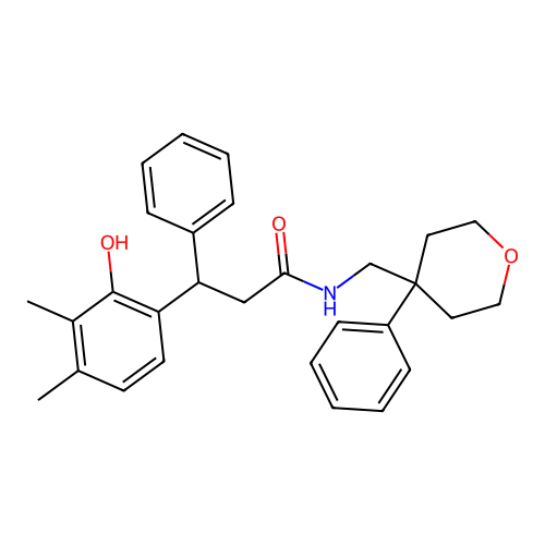 3-(2-hydroxy-3,4-dimethylphenyl)-3-phenyl-N-[(4-phenyloxan-4-yl)methyl]propanamide structure