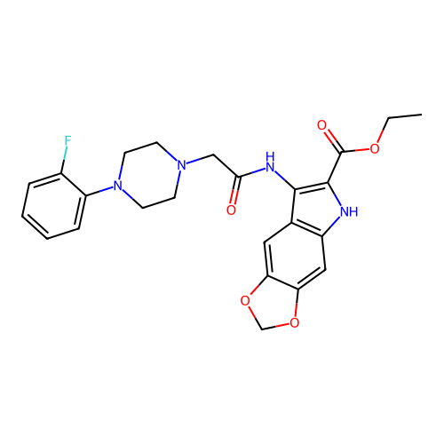 ethyl 7-({[4-(2-fluorophenyl)piperazin-1-yl]acetyl}amino)-5H-[1,3]dioxolo[4,5-f]indole-6-carboxylate structure