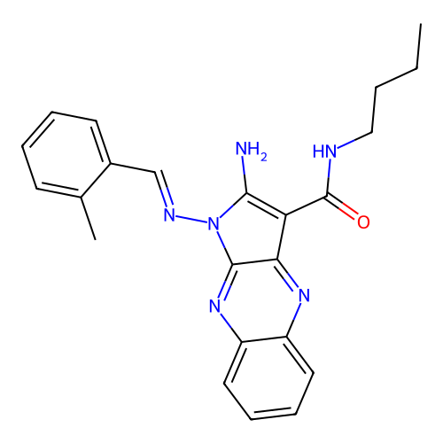 (E)-2-amino-N-butyl-1-((2-methylbenzylidene)amino)-1H-pyrrolo[2,3-b]quinoxaline-3-carboxamide structure