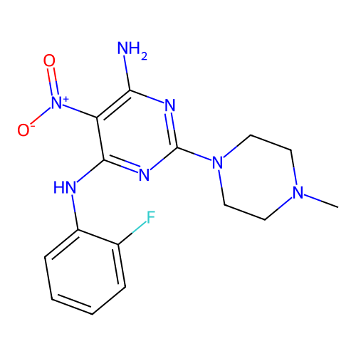 N-(2-fluorophenyl)-2-(4-methylpiperazin-1-yl)-5-nitropyrimidine-4,6-diamine structure
