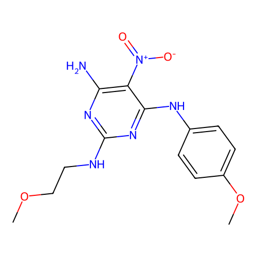 N2-(2-methoxyethyl)-N4-(4-methoxyphenyl)-5-nitropyrimidine-2,4,6-triamine structure