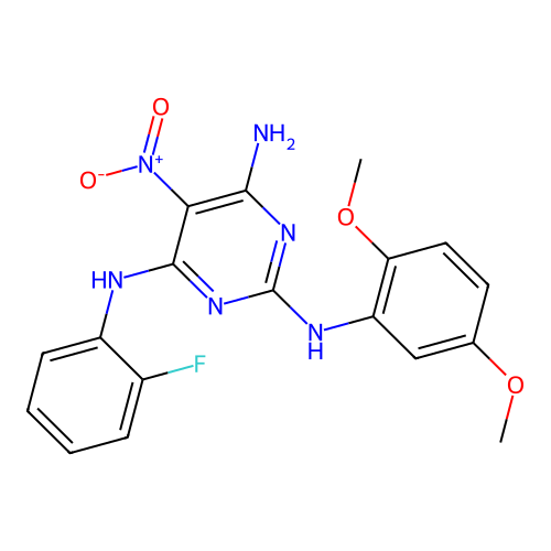 N2-(2,5-dimethoxyphenyl)-N4-(2-fluorophenyl)-5-nitropyrimidine-2,4,6-triamine structure