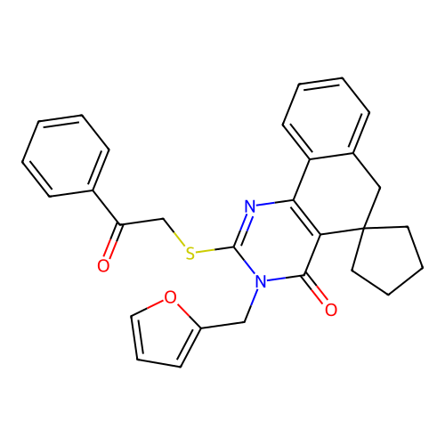 3-(furan-2-ylmethyl)-2-((2-oxo-2-phenylethyl)thio)-3H-spiro[benzo[h]quinazoline-5,1'-cyclopentan]-4(6H)-one structure