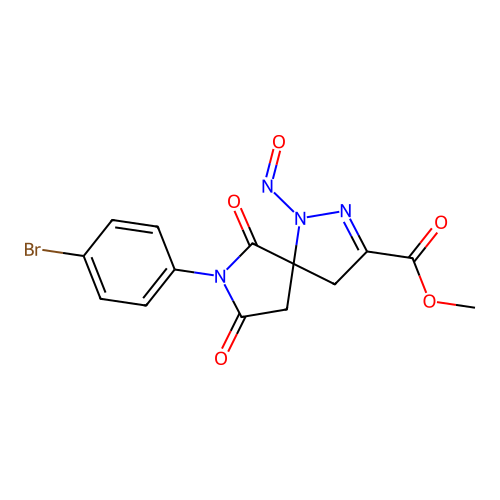 methyl 7-(4-bromophenyl)-1-nitroso-6,8-dioxo-1,2,7-triazaspiro[4.4]non-2-ene-3-carboxylate structure