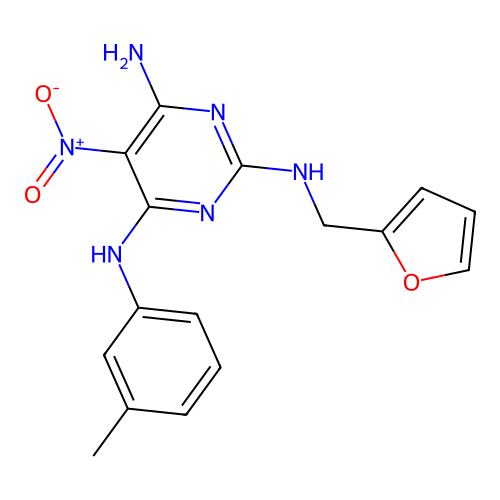 N-Furan-2-ylmethyl-5-nitro-N'-m-tolyl-pyrimidine-2,4,6-triamine structure