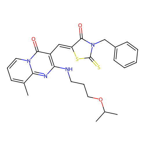 3-[(Z)-(3-benzyl-4-oxo-2-thioxo-1,3-thiazolidin-5-ylidene)methyl]-9-methyl-2-{[3-(propan-2-yloxy)propyl]amino}-4H-pyrido[1,2-a]pyrimidin-4-one structure