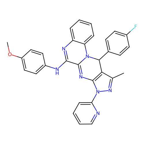 11-(4-fluorophenyl)-N-(4-methoxyphenyl)-10-methyl-8-(pyridin-2-yl)-8,11-dihydropyrazolo[3',4':4,5]pyrimido[1,2-a]quinoxalin-6-amine structure