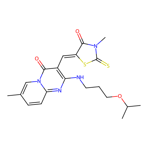 5-((Z)-1-{2-[(3-isopropoxypropyl)amino]-7-methyl-4-oxo-4H-pyrido[1,2-a]pyrimidin-3-yl}methylidene)-3-methyl-2-thioxo-1,3-thiazolan-4-one structure