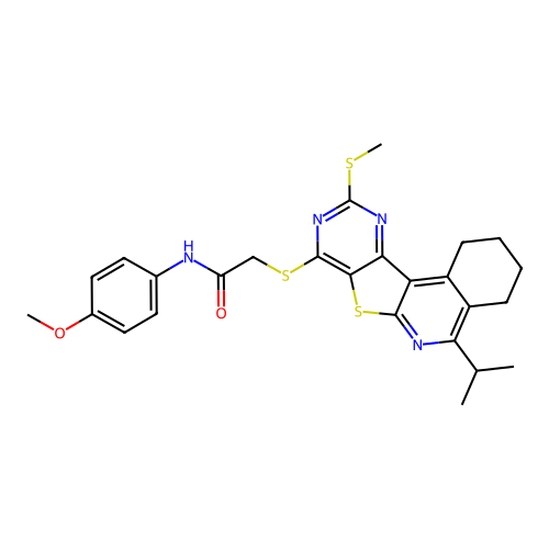 2-((5-isopropyl-10-(methylthio)-1,2,3,4-tetrahydropyrimido[4',5':4,5]thieno[2,3-c]isoquinolin-8-yl)thio)-N-(4-methoxyphenyl)acetamide structure
