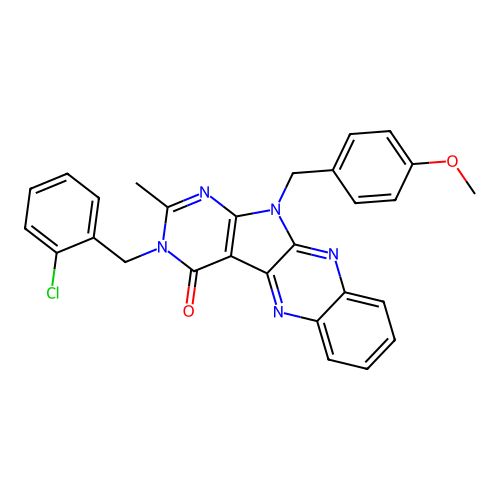3-(2-chlorobenzyl)-11-(4-methoxybenzyl)-2-methyl-3H-pyrimido[5',4':4,5]pyrrolo[2,3-b]quinoxalin-4(11H)-one structure