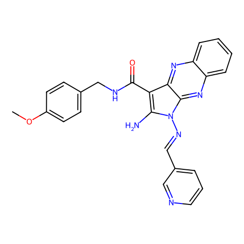 (E)-2-amino-N-(4-methoxybenzyl)-1-((pyridin-3-ylmethylene)amino)-1H-pyrrolo[2,3-b]quinoxaline-3-carboxamide structure