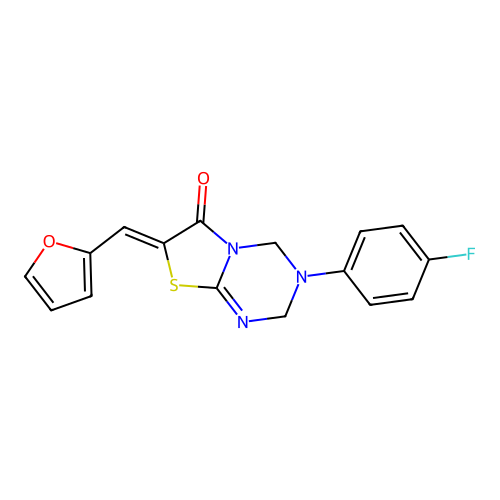 (7Z)-3-(4-fluorophenyl)-7-(furan-2-ylmethylidene)-2,4-dihydro-[1,3]thiazolo[3,2-a][1,3,5]triazin-6-one structure