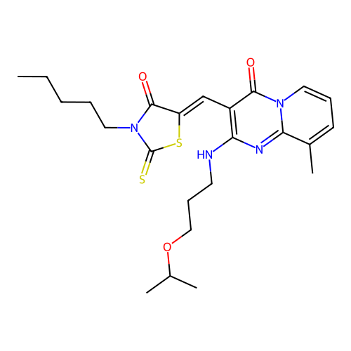(Z)-5-((2-((3-isopropoxypropyl)amino)-9-methyl-4-oxo-4H-pyrido[1,2-a]pyrimidin-3-yl)methylene)-3-pentyl-2-thioxothiazolidin-4-one structure