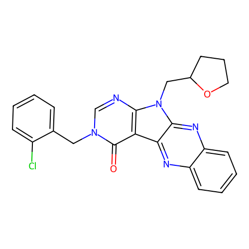 3-(2-chlorobenzyl)-11-((tetrahydrofuran-2-yl)methyl)-3H-pyrimido[5',4':4,5]pyrrolo[2,3-b]quinoxalin-4(11H)-one structure