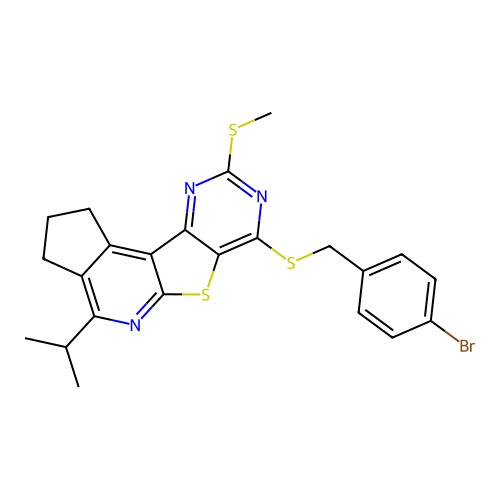 7-((4-bromobenzyl)thio)-4-isopropyl-9-(methylthio)-2,3-dihydro-1H-cyclopenta[4',5']pyrido[3',2':4,5]thieno[3,2-d]pyrimidine structure