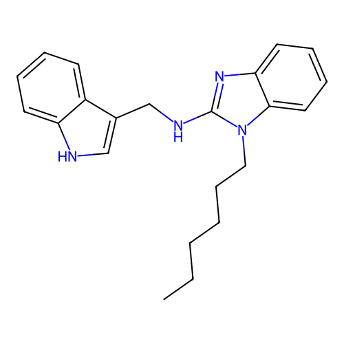 1-hexyl-N-(1H-indol-3-ylmethyl)-1H-benzimidazol-2-amine structure