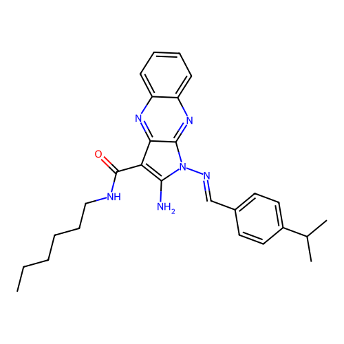 (E)-2-amino-N-hexyl-1-((4-isopropylbenzylidene)amino)-1H-pyrrolo[2,3-b]quinoxaline-3-carboxamide structure