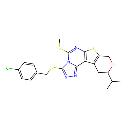 3-((4-chlorobenzyl)thio)-10-isopropyl-5-(methylthio)-10,11-dihydro-8H-pyrano[4',3':4,5]thieno[3,2-e][1,2,4]triazolo[4,3-c]pyrimidine structure