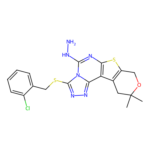 3-((2-chlorobenzyl)thio)-5-hydrazinyl-10,10-dimethyl-10,11-dihydro-8H-pyrano[4',3':4,5]thieno[3,2-e][1,2,4]triazolo[4,3-c]pyrimidine structure