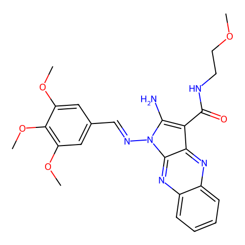 (E)-2-amino-N-(2-methoxyethyl)-1-((3,4,5-trimethoxybenzylidene)amino)-1H-pyrrolo[2,3-b]quinoxaline-3-carboxamide structure